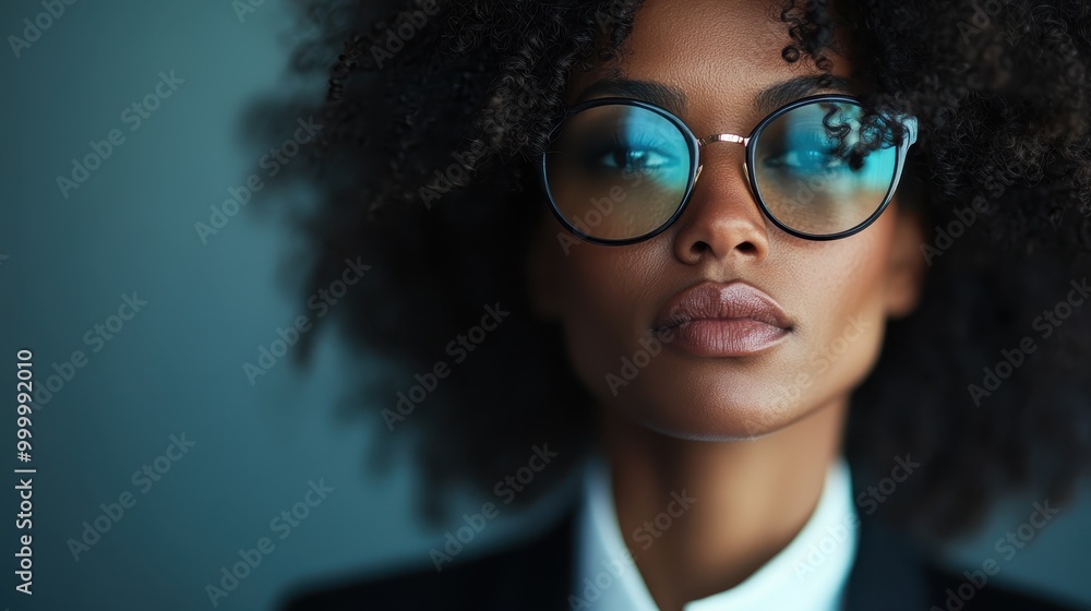 A poised woman with distinct curly hair and chic glasses exudes confidence and modern elegance, embodying empowerment and professionalism against a stylish backdrop. A poised woman with distinct curly hair and chic glasses exudes confidence and modern elegance, embodying empowerment and professionalism against a stylish backdrop.