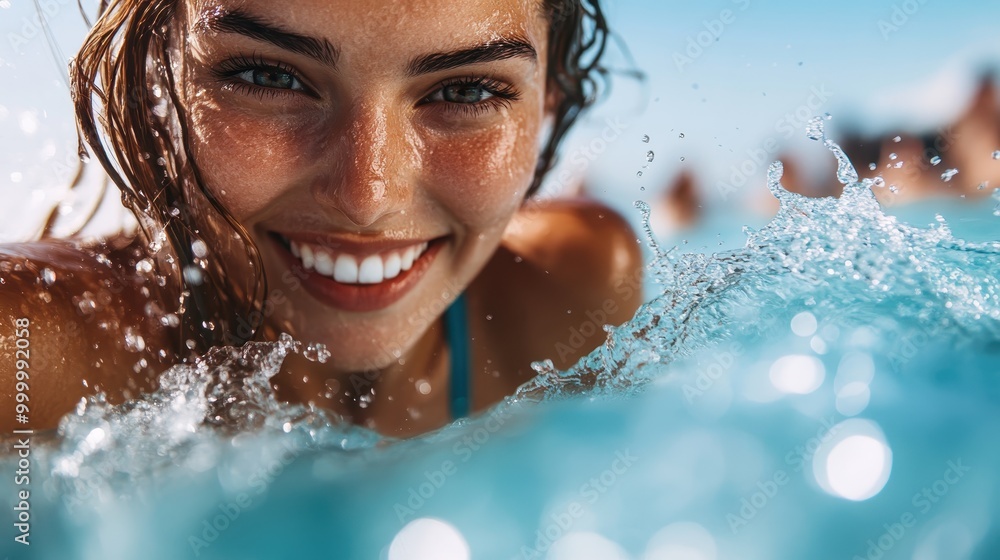 A smiling woman is captured swimming joyfully in vibrant, sparkling blue water, epitomizing the freedom and happiness of a refreshing aquatic adventure at the shore. A smiling woman is captured swimming joyfully in vibrant, sparkling blue water, epitomizing the freedom and happiness of a refreshing aquatic adventure at the shore.