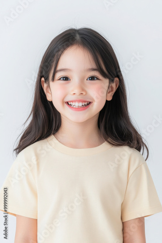 Photo of Asian girl with short hair, smiling, happy, excited, delighted, white background.