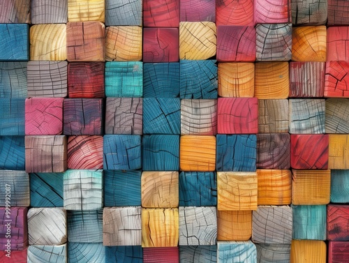 Colorful wooden blocks arranged in neat rows, wide format, hand-edited AI-generated image