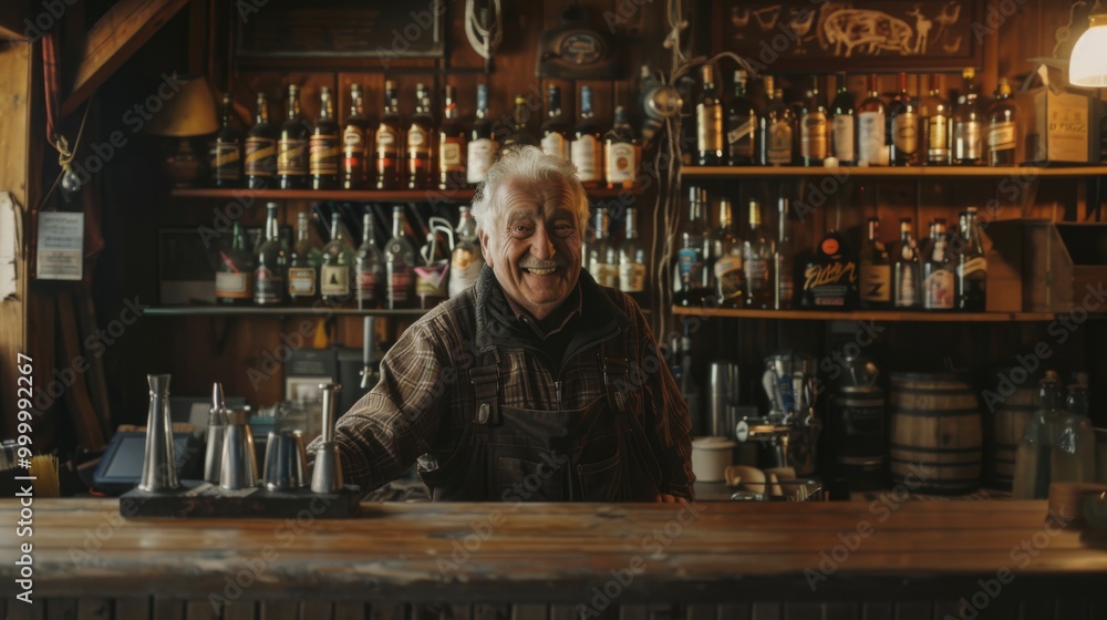 An elderly bartender smiles warmly behind a cozy bar, surrounded by an array of neatly arranged liquor bottles, creating a welcoming rustic atmosphere. An elderly bartender smiles warmly behind a cozy bar, surrounded by an array of neatly arranged liquor bottles, creating a welcoming rustic atmosphere.