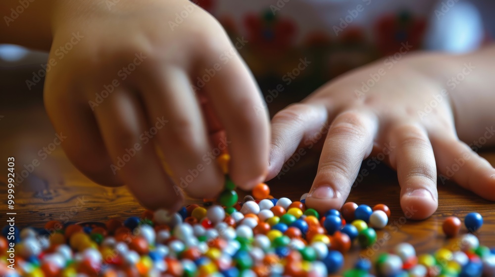 A child's hands meticulously sort through a vibrant array of colorful beads, creating a lively and creative scene on a wooden table. A child's hands meticulously sort through a vibrant array of colorful beads, creating a lively and creative scene on a wooden table.