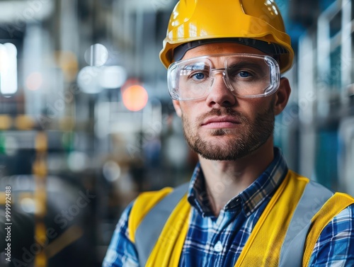 Confident male factory worker in protective gear. Industrial setting with machinery backdrop. Portrait emphasizes pride in craftsmanship and blue-collar professionalism.