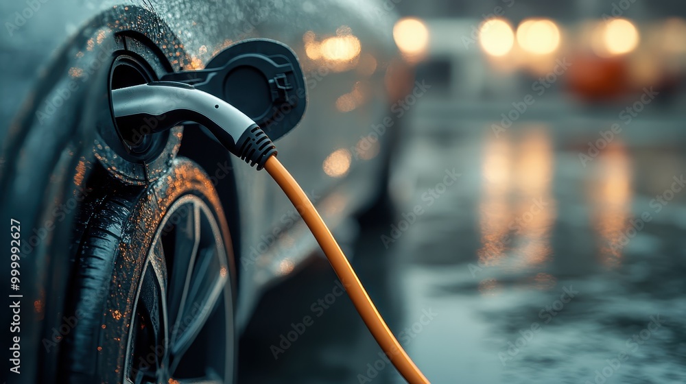 An electric car is seen charging at a station on a rainy evening, with raindrops visible on the car surface. The background lights are softly blurred, creating a warm ambiance. An electric car is seen charging at a station on a rainy evening, with raindrops visible on the car surface. The background lights are softly blurred, creating a warm ambiance.