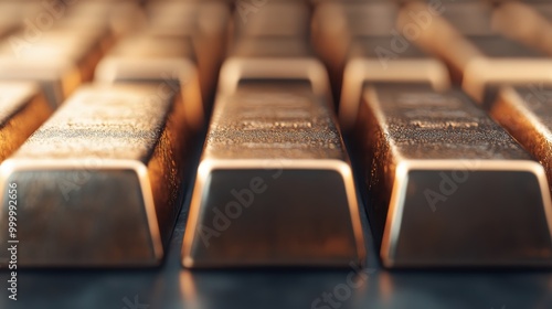 Photograph showing multiple rows of glistening gold bars arranged in perfect alignment, highlighting themes of wealth, order, and meticulous financial management. photo