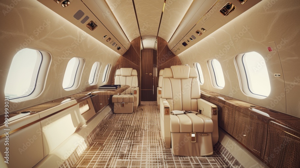 Obraz premium A sophisticated private jet cabin features luxurious leather seats, fine wood finishes, and ample light from wide windows, embodying elite air travel.