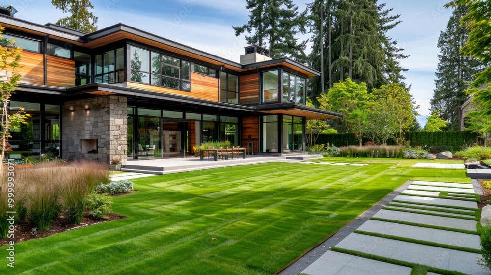 Modern, two-story home with expansive windows and a spacious backyard garden, surrounded by trees and under a partly cloudy sky. Modern, two-story home with expansive windows and a spacious backyard garden, surrounded by trees and under a partly cloudy sky.