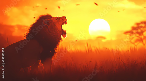 A majestic lion roaring in the savannah at sunrise. Savannah Sunrise. Illustration