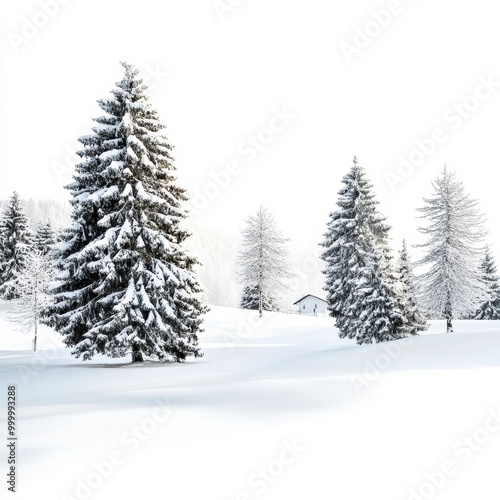 Snowy Landscape with Fir Trees and White Background