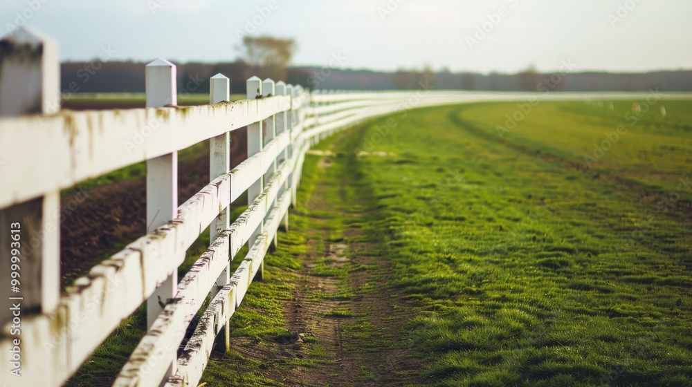 A picturesque white picket fence stretches into the distance along a green, grassy field on a sunny day. A picturesque white picket fence stretches into the distance along a green, grassy field on a sunny day.
