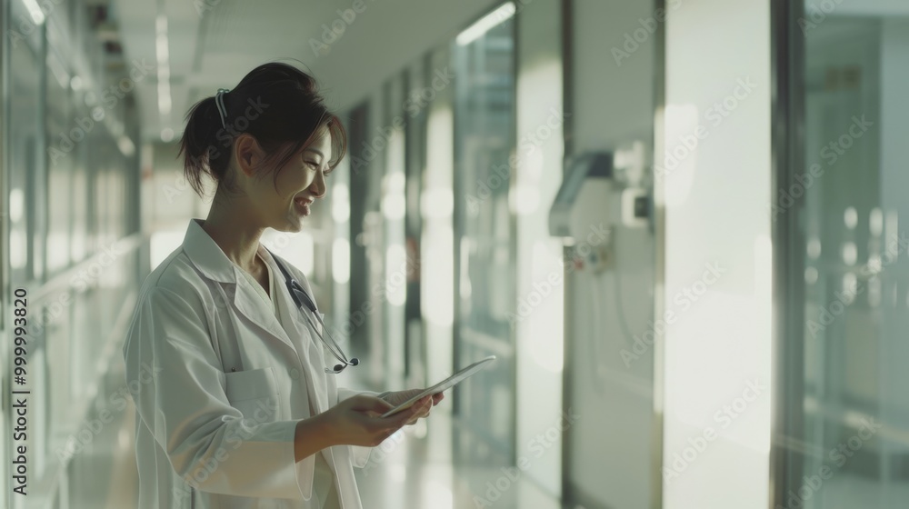 A doctor engrossed in a tablet, standing in a bright hospital hallway, showcasing focus and dedication to patient care and medical details. A doctor engrossed in a tablet, standing in a bright hospital hallway, showcasing focus and dedication to patient care and medical details.