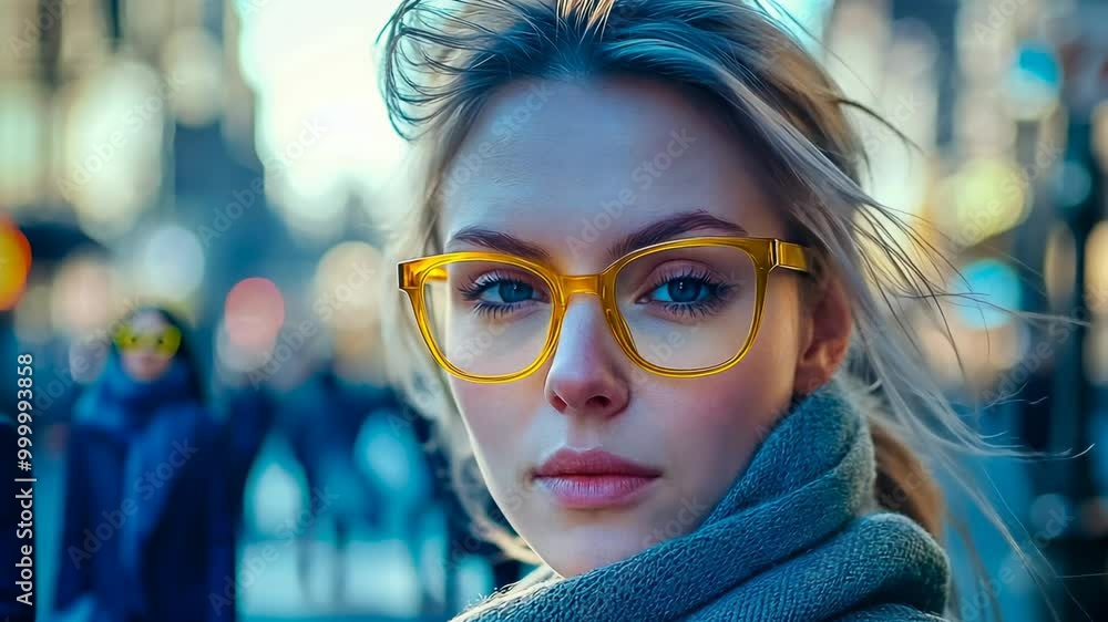 A young caucasian woman with blonde hair and yellow glasses stands out against a bustling city backdrop during the day. She is wearing a scarf, and the mood is vibrant and lively. A young caucasian woman with blonde hair and yellow glasses stands out against a bustling city backdrop during the day. She is wearing a scarf, and the mood is vibrant and lively.
