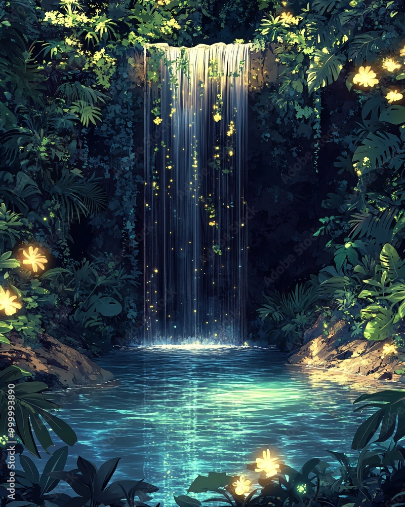 Naklejka premium A serene waterfall cascades into a tranquil pool surrounded by lush greenery and glowing fireflies.