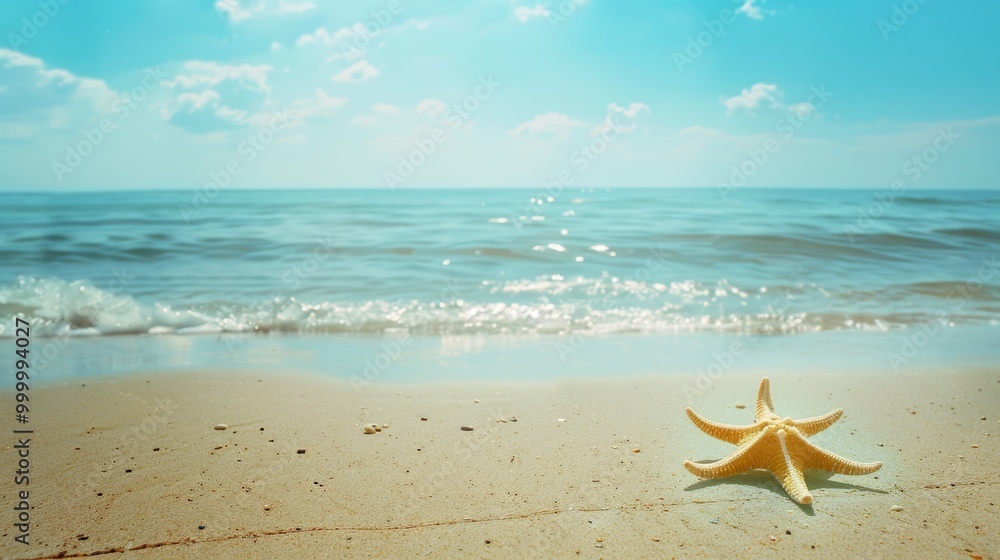 Lone starfish sits on sandy beach, while gentle waves and a bright azure sky set a scene of perfect beachside tranquility. Lone starfish sits on sandy beach, while gentle waves and a bright azure sky set a scene of perfect beachside tranquility.