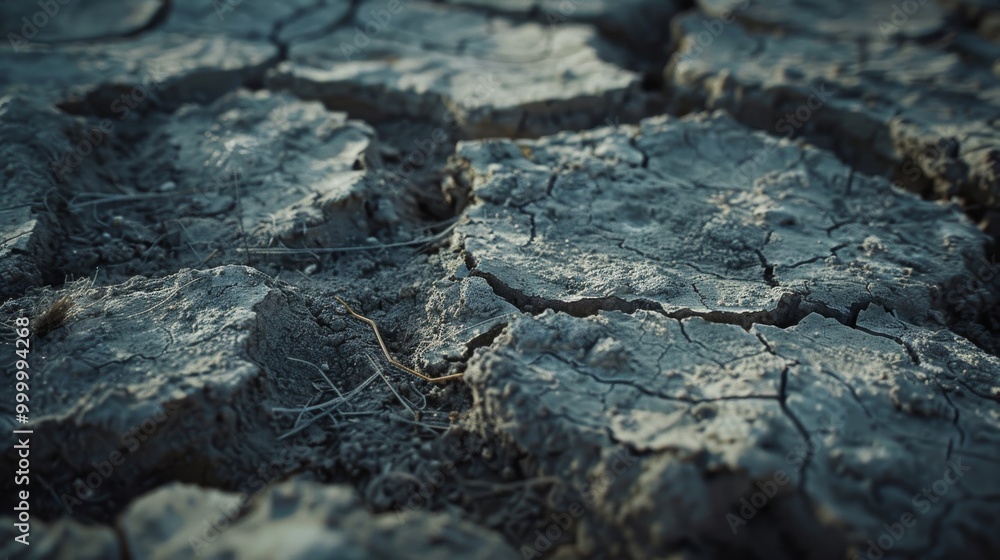 Parched earth with deep cracks highlights the severity of drought under muted daylight. Parched earth with deep cracks highlights the severity of drought under muted daylight.