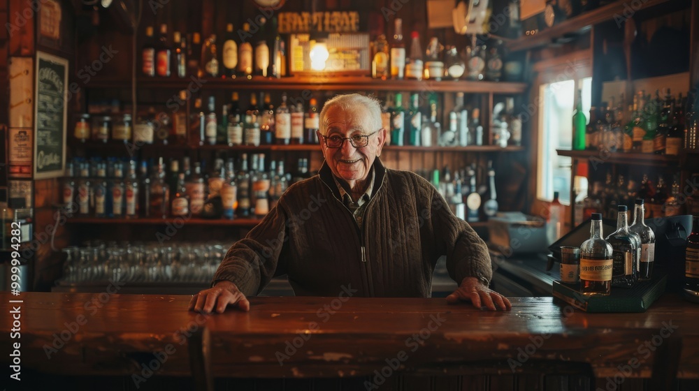 A bartender with a cheerful demeanor stands behind a well-organized bar, reflecting a welcoming atmosphere with assorted liquors neatly displayed. A bartender with a cheerful demeanor stands behind a well-organized bar, reflecting a welcoming atmosphere with assorted liquors neatly displayed.