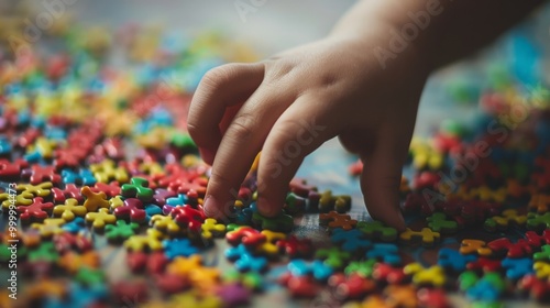 A child's hand grazes over a jigsaw puzzle filled with colorful pieces, evoking thoughtful engagement and creative problem-solving.