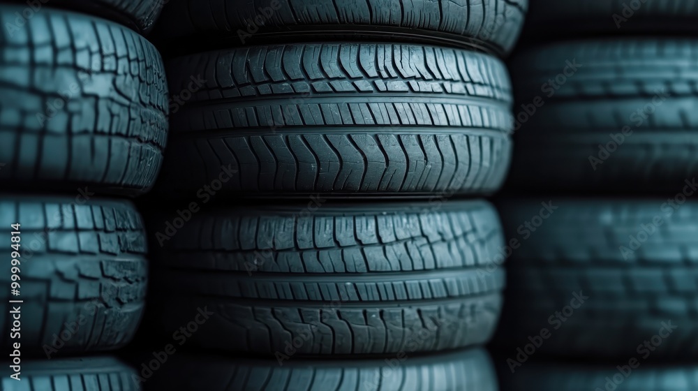 Piled rubber tires stacked high in a gritty, dimly lit industrial setting, capturing the ruggedness and functionality required for car maintenance and industrial environments. Piled rubber tires stacked high in a gritty, dimly lit industrial setting, capturing the ruggedness and functionality required for car maintenance and industrial environments.