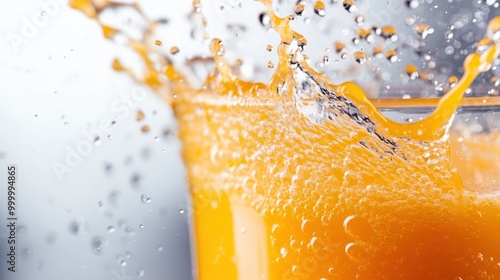 High-speed capture of orange juice splashing out from a glass, showcasing the dynamic movement, vivid color, and refreshing qualities of the juice with great detail and clarity. photo