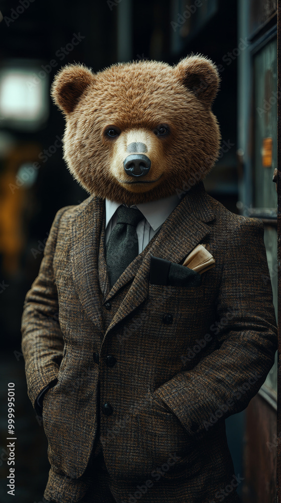 A bear wearing a brown suit with a tie and a pocket square A bear wearing a brown suit with a tie and a pocket square