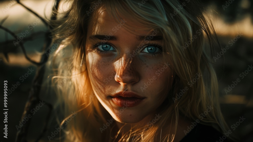 A young woman stares intensely into the camera, her face partly shadowed, contrasting the blue of her eyes with the warm, ambient background. A young woman stares intensely into the camera, her face partly shadowed, contrasting the blue of her eyes with the warm, ambient background.