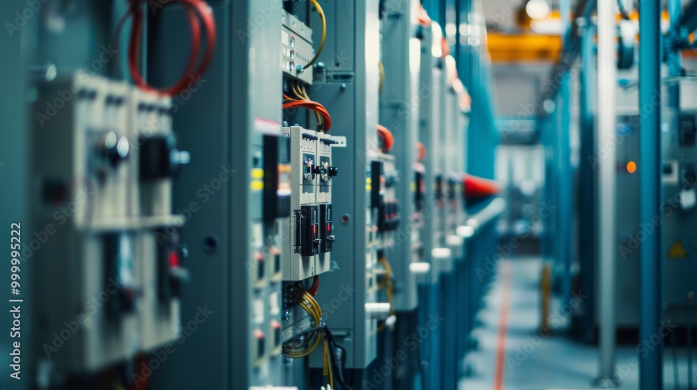 Rows of electrical panels with intricate wiring create a maze-like effect, highlighting an organized industrial setup essential for power management. Rows of electrical panels with intricate wiring create a maze-like effect, highlighting an organized industrial setup essential for power management.