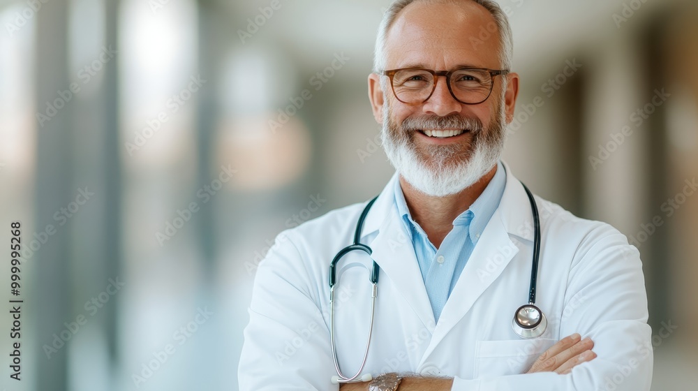 A confident doctor with white hair and a white coat, featuring a stethoscope, stands with arms crossed, representing expertise, trust, and dedication in the medical field. A confident doctor with white hair and a white coat, featuring a stethoscope, stands with arms crossed, representing expertise, trust, and dedication in the medical field.