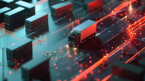 A futuristic concept image of a semi-truck transporting goods in a digitally-rendered landscape with glowing pathways and nodes, representing modern logistics.