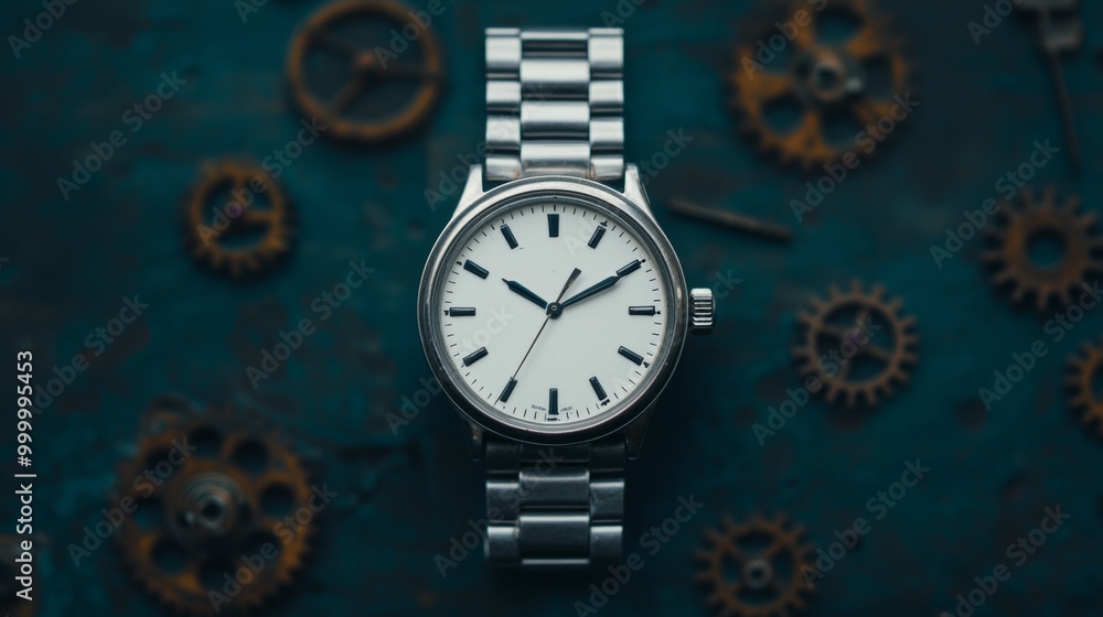 Silver Wristwatch with Gears on Blue Background Silver Wristwatch with Gears on Blue Background