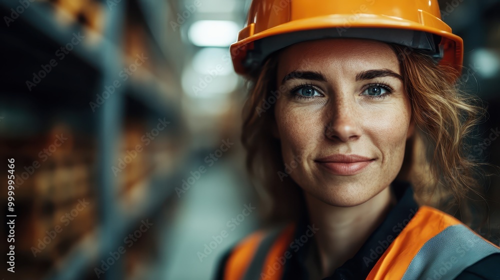 A worker is pictured in a warehouse environment wearing a hard hat and safety vest, highlighting industrial and safety measures in the workplace. A worker is pictured in a warehouse environment wearing a hard hat and safety vest, highlighting industrial and safety measures in the workplace.