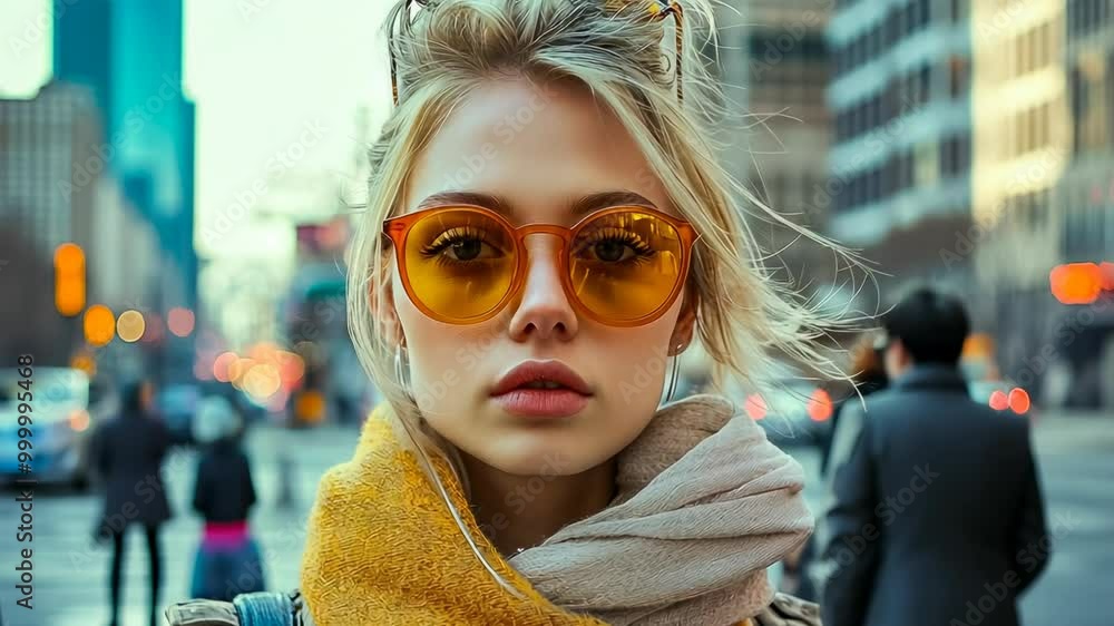A young Caucasian woman with blond hair and orange sunglasses stands in a busy city street, wrapped in a yellow scarf. It's daytime in an urban setting, and she appears thoughtful. Her casual attire A young Caucasian woman with blond hair and orange sunglasses stands in a busy city street, wrapped in a yellow scarf. It's daytime in an urban setting, and she appears thoughtful. Her casual attire