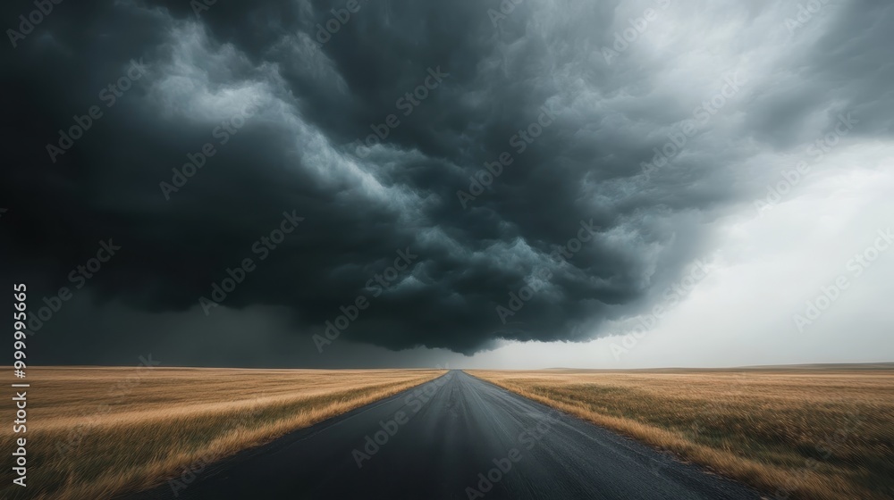 A dark storm approaches a lone road running through golden fields, creating a powerful and dramatic atmospheric contrast that captures the raw beauty of nature's fury. A dark storm approaches a lone road running through golden fields, creating a powerful and dramatic atmospheric contrast that captures the raw beauty of nature's fury.
