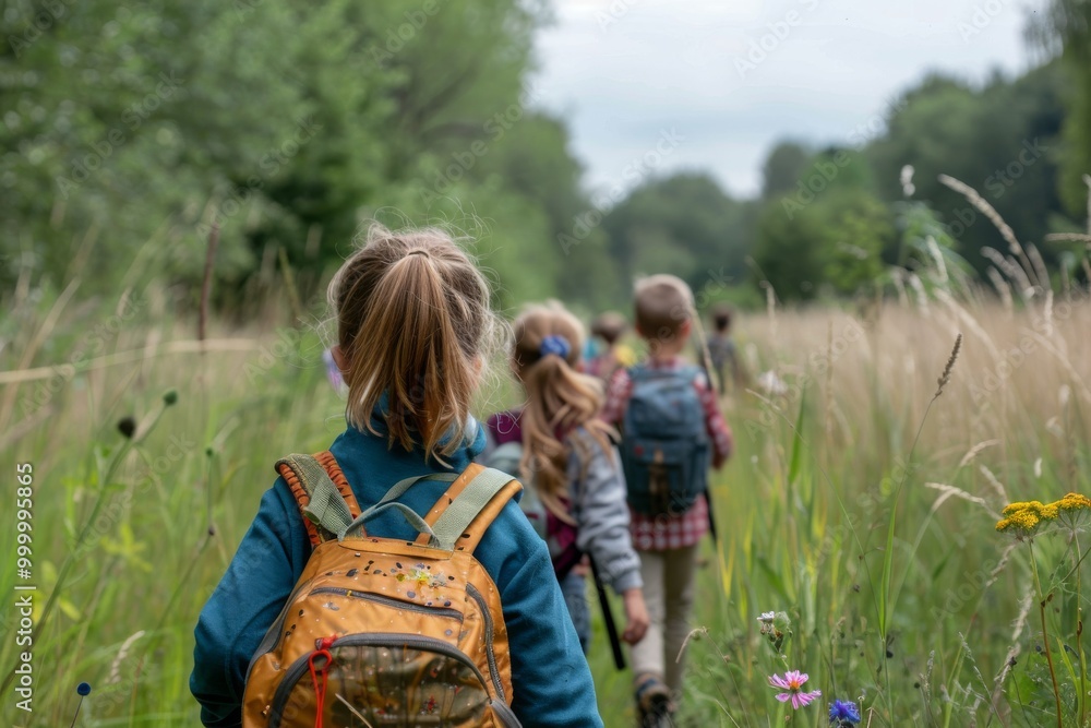 A group of children are walking through a field with backpacks on A group of children are walking through a field with backpacks on