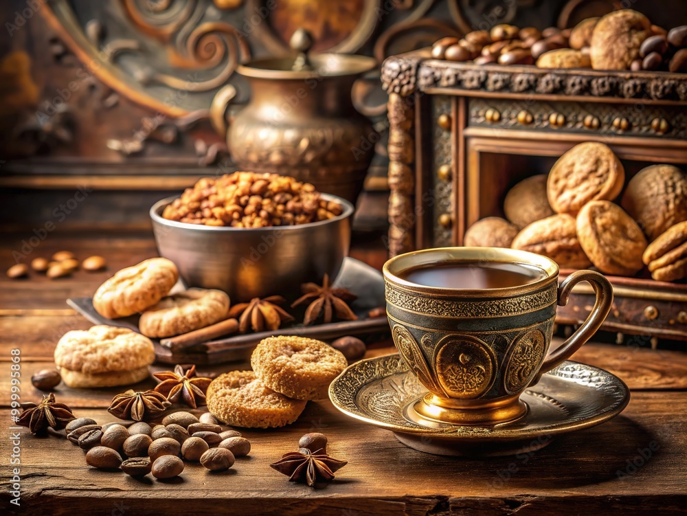 A cozy afternoon with a cup of coffee and delicious cookies on a rustic wooden table surrounded by aromatic spices A cozy afternoon with a cup of coffee and delicious cookies on a rustic wooden table surrounded by aromatic spices