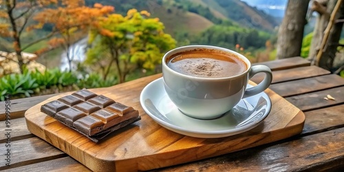 A warm cup of coffee paired with chocolate on a wooden table surrounded by nature