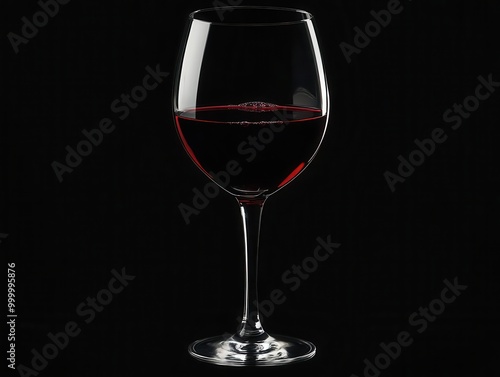 Crystal wine glass filled with deep red wine, capturing light reflections. Isolated on black background with subtle droplets for added realism.