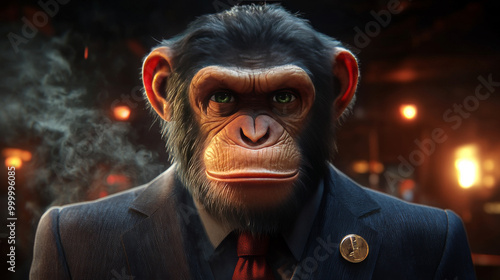 Chimpanzee wearing a suit and tie with a serious expression.