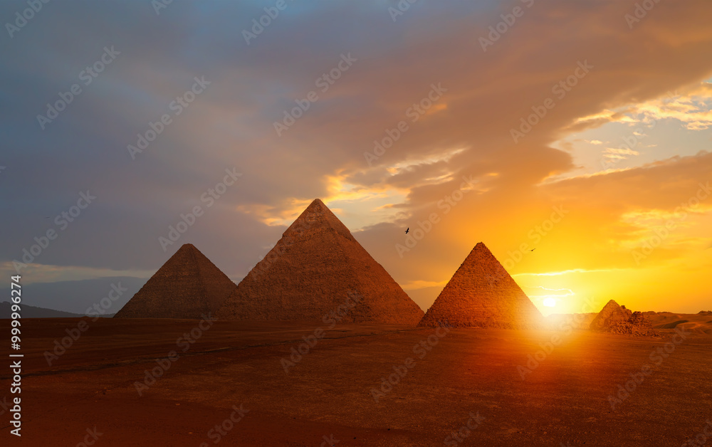 Fotografie Giza Pyramid Complex at amazing sunset - Cairo, Egypt