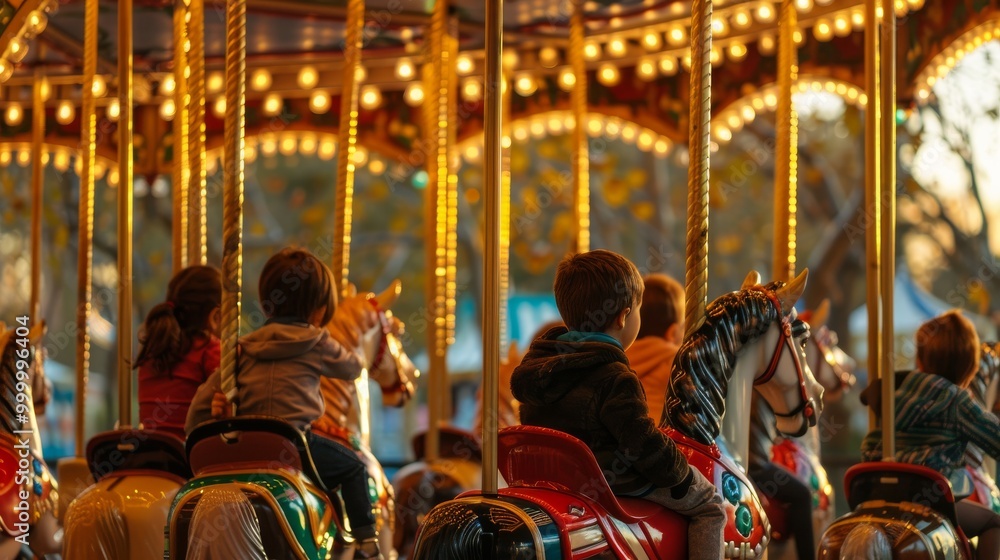 Fototapeta premium A group of children are riding on carousel horses