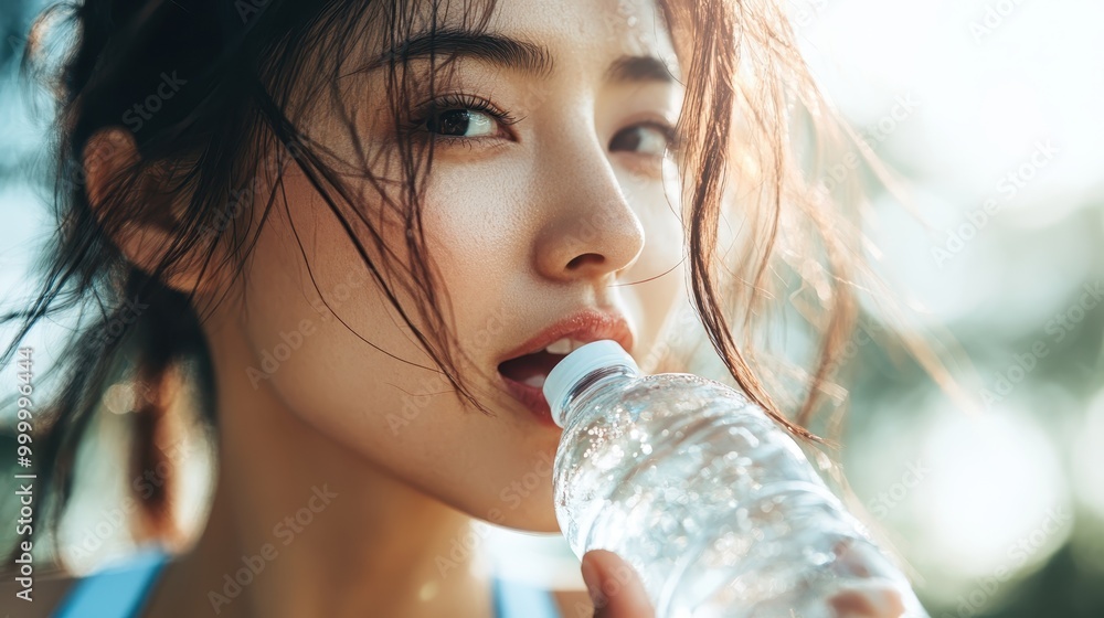 A young woman enjoys drinking from a water bottle while outside, capturing the essence of wellness and natural beauty in the warm outdoor sunlight setting. A young woman enjoys drinking from a water bottle while outside, capturing the essence of wellness and natural beauty in the warm outdoor sunlight setting.