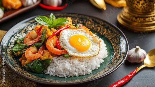 Pad ka praow, Thai food with strong flavour. Ingredients of chili, garlic, basil leaves