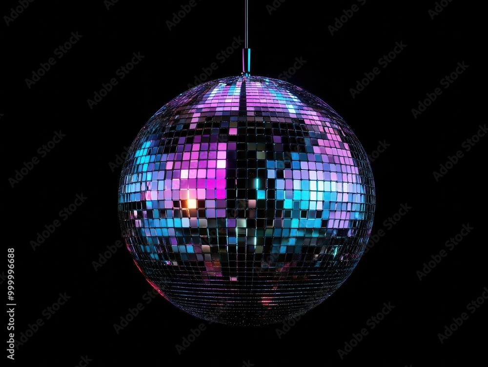 Obraz premium Dazzling disco ball suspended in darkness, reflecting kaleidoscopic light patterns. AI-generated image with hyper-realistic details and futuristic ambiance.