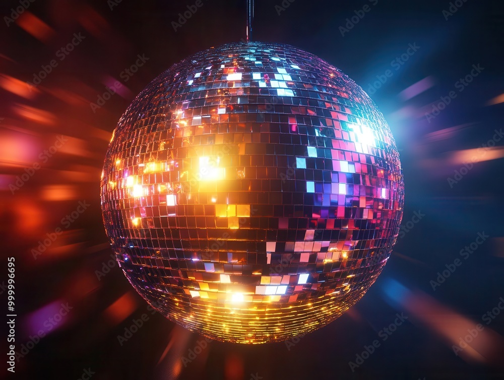 Obraz premium Dazzling disco ball suspended in darkness, reflecting kaleidoscopic light patterns. AI-generated image with hyper-realistic details and futuristic ambiance.