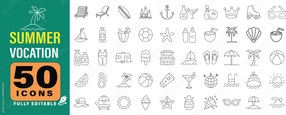 Photography Summer, vacation, beach elements - minimal thin line web icon set