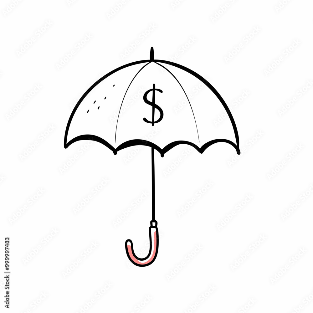 Umbrella with dollar symbol icon, insurance and savings symbol, black and red line art Umbrella with dollar symbol icon, insurance and savings symbol, black and red line art