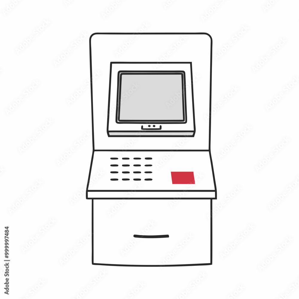 Office desktop with keyboard and dollar sign on screen icon, business and financial technology symbol, black and red line art Office desktop with keyboard and dollar sign on screen icon, business and financial technology symbol, black and red line art
