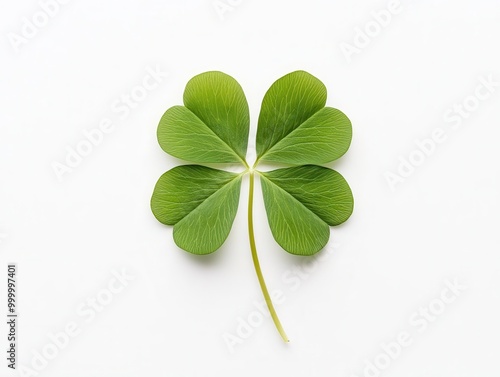 Delicate four-leaf clover with vibrant green leaves, isolated on a pure white background, symbolizing good luck and Irish heritage in a clean, minimalist composition