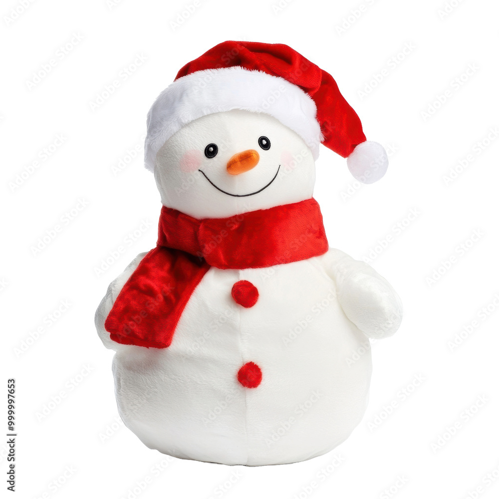 Fototapeta premium Cute Plush Snowman with Santa Hat and Red Scarf