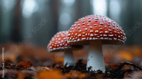 Two fly agaric mushrooms majestically rise from the forest floor, their iconic red caps dotted with white spots, set against a backdrop of trees in soft focus.