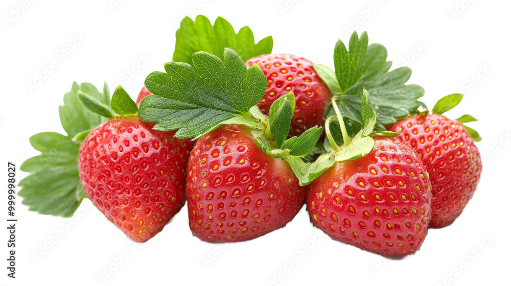 A cluster of ripe strawberries with their green leaves intact, solated on transparent background, PNG file A cluster of ripe strawberries with their green leaves intact, solated on transparent background, PNG file